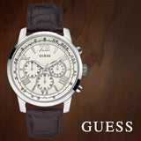 Guess Horizon Chronograph White Dial Brown Leather Strap Watch For Men - W0380G2 Authentic Buy Shop Now