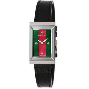 Gucci G-Frame Mother of Pearl Green & Red Dial Black Leather Strap Watch For Women - YA147403 Authentic Buy Shop Now