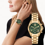 Michael Kors Bradshaw Chronograph Green Dial Gold Steel Strap Watch For Women - MK7257 Authentic Buy Shop Now