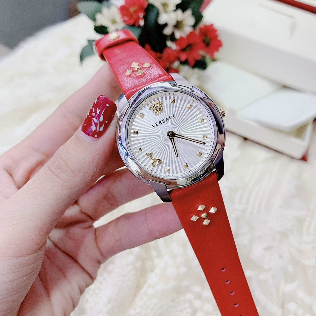 Versace Audrey Quartz Silver Dial Red Leather Strap Watch for Women - VELR00219 Authentic Buy Shop Now