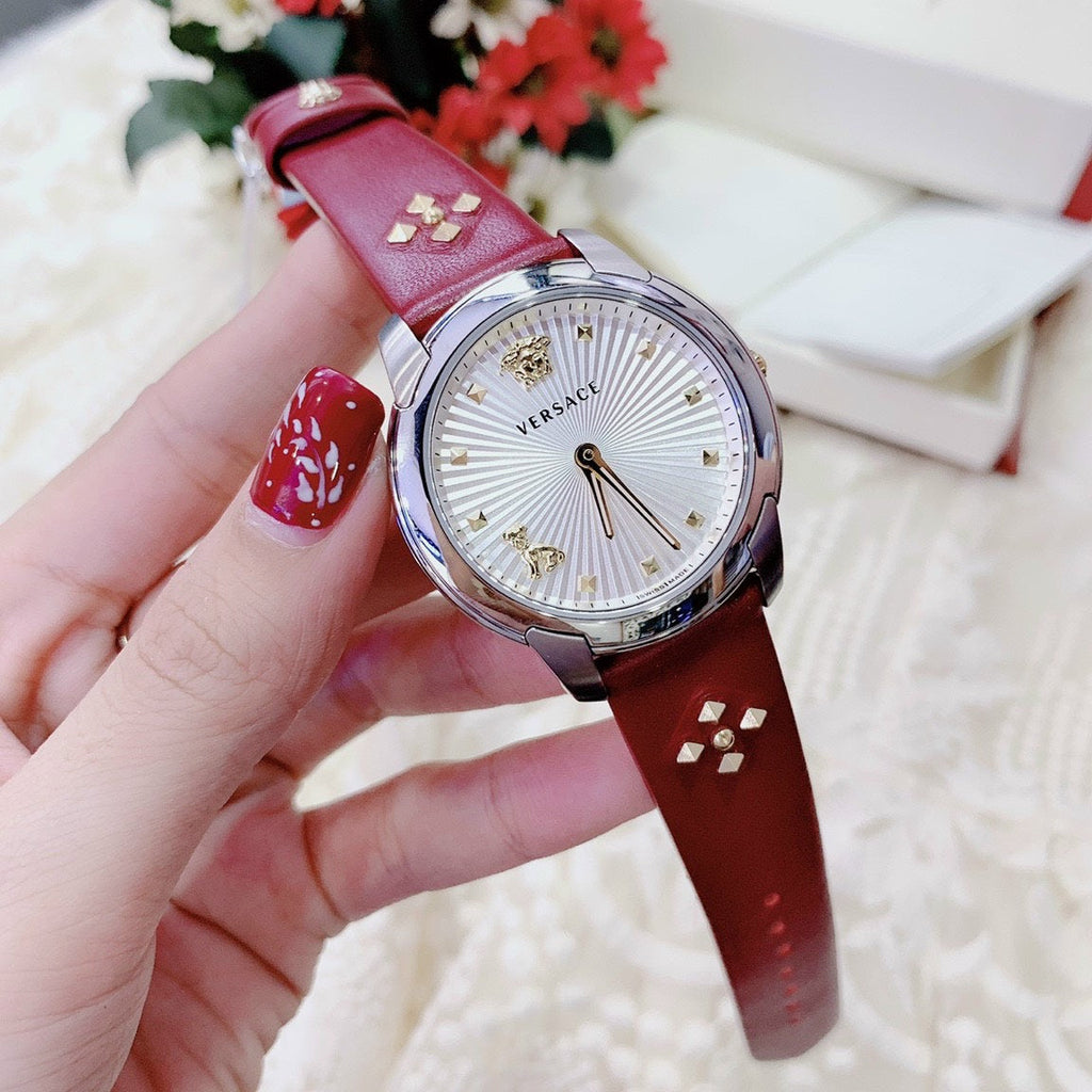 Versace Audrey Quartz Silver Dial Red Leather Strap Watch for Women - VELR00219 Authentic Buy Shop Now