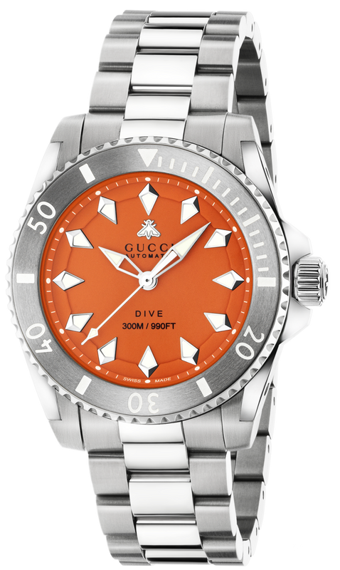 Gucci Dive Automatic Orange Dial Silver Steel Strap Watch for Men - YA136355 Authentic Buy Shop Now