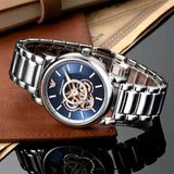 Emporio Armani Luigi Chronograph Skeleton Blue Dial Silver Steel Strap Watch For Men - AR60036 Authentic Buy Shop Now