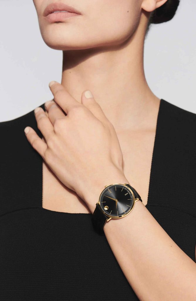 Movado Ultra Slim Black Dial Black Leather Strap Watch For Women - 0607095 Authentic Buy Shop Now