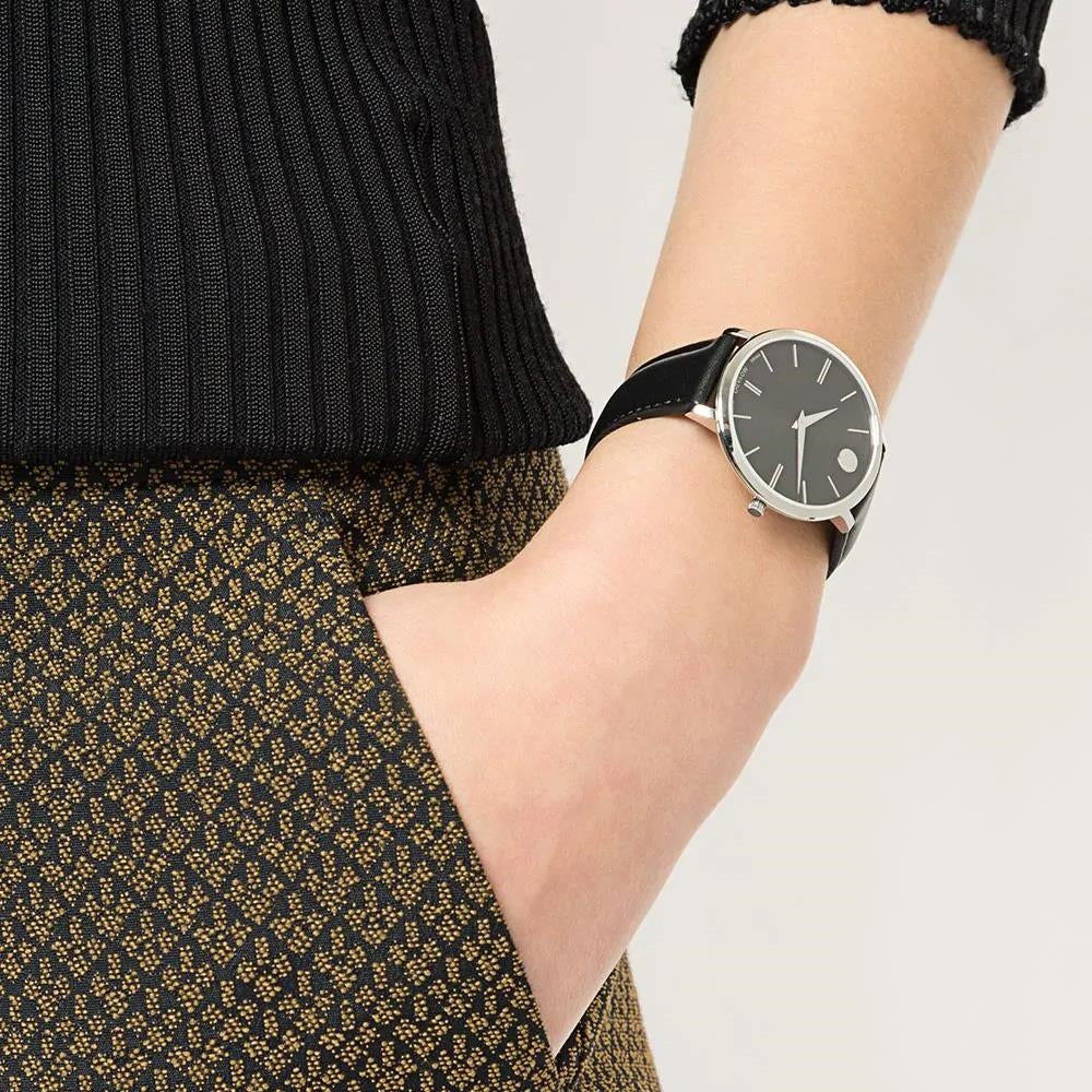 Movado Ultra Slim Black Dial Black Leather Strap Watch For Women - 0607090 Authentic Buy Shop Now