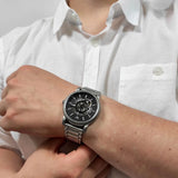 Emporio Armani Meccanico Automatic Skeleton Black Dial Silver Steel Strap Watch For Men - AR60021 Authentic Buy Shop Now