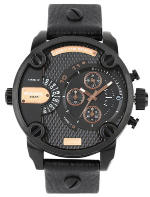 Diesel Little Daddy Chronograph Black Dial Black Leather Strap Watch For Men - DZ7291 Authentic Buy Shop Now