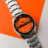 Seiko 5 Sports Double Hurricane Retro Orange Dial Silver Steel Strap Watch For Men - SRPK11K1 Authentic Buy Shop Now