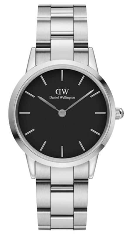 Daniel Wellington Iconic Link Black Dial Silver Steel Strap Watch For Women - DW00100206 Authentic Buy Shop Now