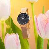 Daniel Wellington Classic Petite Melrose Black Dial Rose Gold Mesh Bracelet Watch For Women - DW00100217 Authentic Buy Shop Now