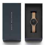 Daniel Wellington Classic Petite Melrose Black Dial Rose Gold Mesh Bracelet Watch For Women - DW00100217 Authentic Buy Shop Now