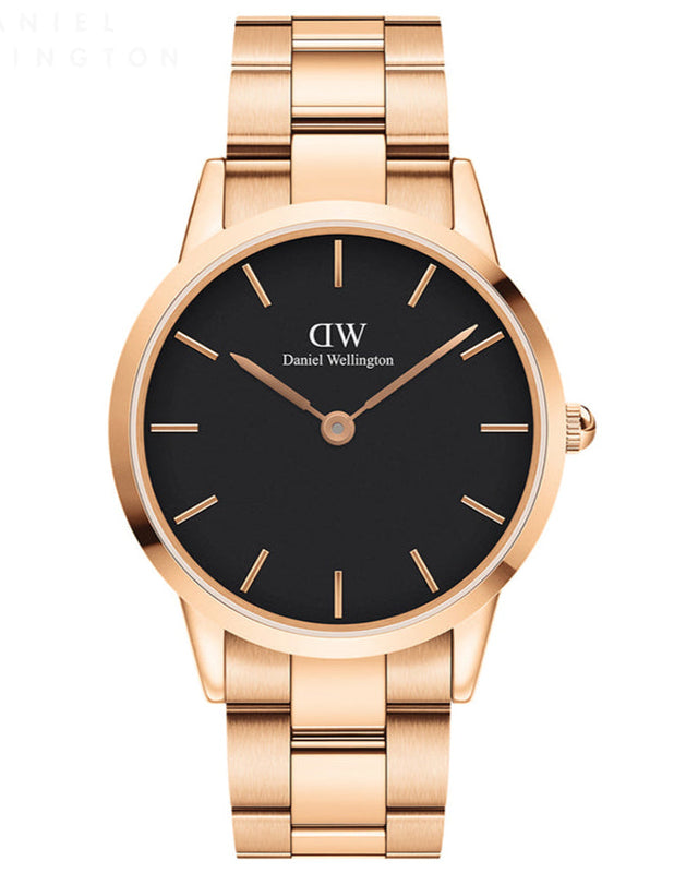 Daniel Wellington Iconic Link Black Dial Rose Gold Steel Strap Watch For Men - DW00100344 Authentic Buy Shop Now