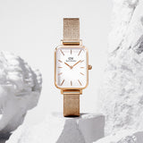 Daniel Wellington Quadro Melrose White Dial Gold Mesh Strap Watch For Women - DW00100431 Authentic Buy Shop Now