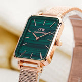 Daniel Wellington Quadro Melrose Green Dial Rose Gold Mesh Strap Watch For Women - DW00100437 Authentic Buy Shop Now