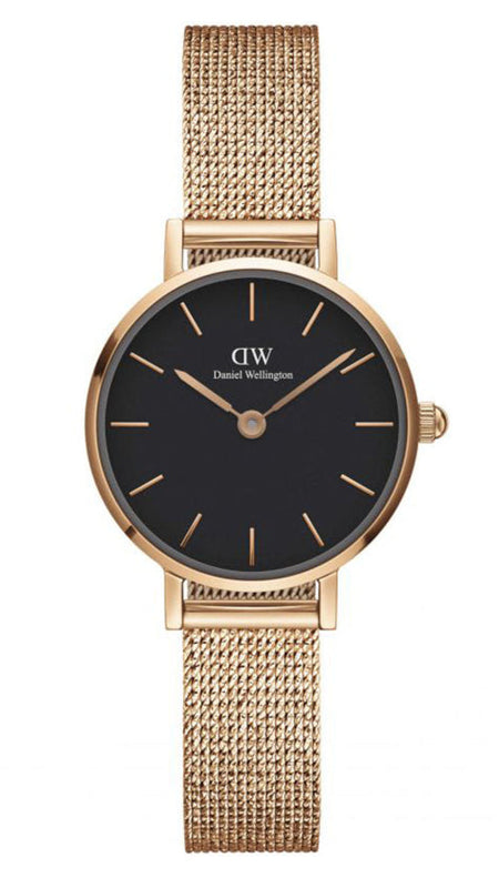 Daniel Wellington Petite Pressed Melrose Black Dial Rose Gold Mesh Strap Watch For Women - DW00100440 Authentic Buy Shop Now