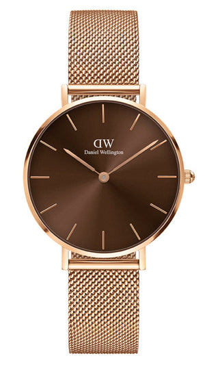 Daniel Wellington Petite Melrose Brown Dial Rose Gold Mesh Strap Watch For Women - DW00100477 Authentic Buy Shop Now