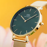 Daniel Wellington Petite Emerald Green Dial Gold Mesh Strap Watch For Women - DW00100480 Authentic Buy Shop Now