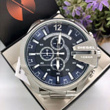 Diesel Mega Chief Chronograph Blue Dial Silver Steel Strap Watch For Men - DZ4417 Authentic Buy Shop Now