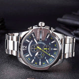 Diesel Mega Chief Chronograph Blue Dial Silver Steel Strap Watch For Men - DZ4465 Authentic Buy Shop Now