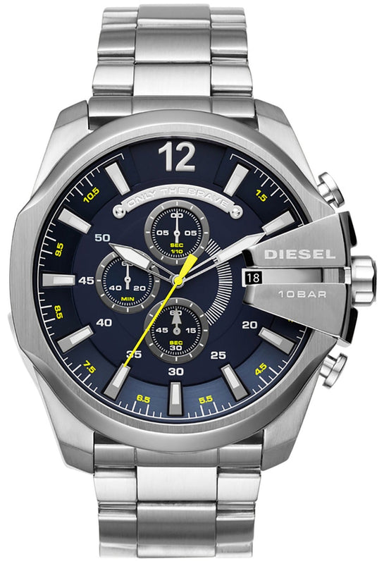 Diesel Mega Chief Chronograph Blue Dial Silver Steel Strap Watch For Men - DZ4465 Authentic Buy Shop Now