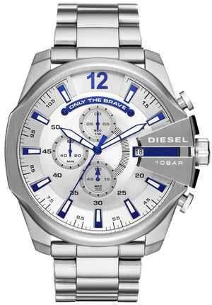 Diesel Mega Chief Chronograph White Dial Silver Steel Strap Watch For Men - DZ4477 Authentic Buy Shop Now