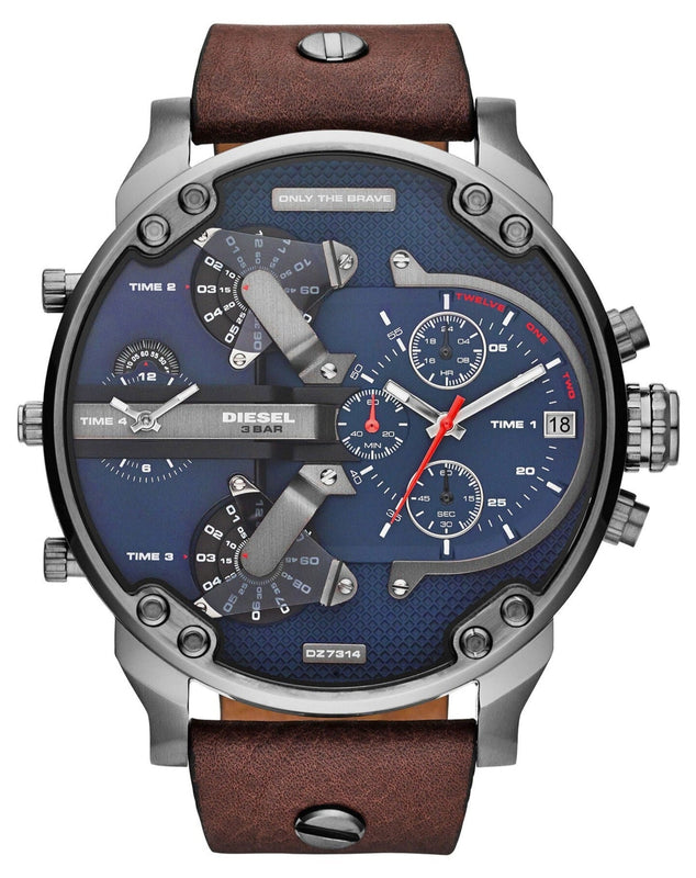 Diesel Mr Daddy Chronograph Blue Dial Brown Leather Strap Watch For Men - DZ7314 Authentic Buy Shop Now