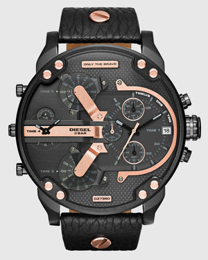 Diesel Mr Daddy 2.0 Chronograph Black Dial Black Leather Strap Watch For Men - DZ7350 Authentic Buy Shop Now