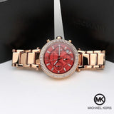 Michael Kors Parker Chronograph Red Dial Rose Gold Steel Strap Watch For Women - MK6106 Authentic Buy Shop Now