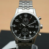 Hugo Boss Aeroliner Chronograph Black Dial Silver Steel Strap Watch For Men - 1512446 Authentic Buy Shop Now