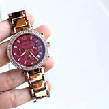 Michael Kors Parker Chronograph Red Dial Rose Gold Steel Strap Watch For Women - MK6106 Authentic Buy Shop Now