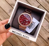 Michael Kors Parker Chronograph Red Dial Rose Gold Steel Strap Watch For Women - MK6106 Authentic Buy Shop Now