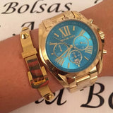 Michael Kors Bradshaw Chronograph Blue Dial Gold Steel Strap Watch For Women - MK5975 Authentic Buy Shop Now
