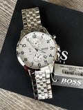 Hugo Boss Aeroliner Chronograph White Dial Silver Steel Strap Watch For Men - 1512445 Authentic Buy Shop Now