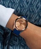 Guess Cubed Analog Rose Gold Dial Blue Leather Strap Watch For Women - GW0665L2 Authentic Buy Shop Now