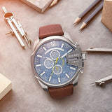 Diesel Mega Chief Chronograph Blue Dial Brown Leather Strap Watch For Men - DZ4281 Authentic Buy Shop Now