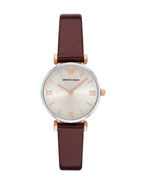Emporio Armani Gianni T-Bar Quartz Silver Dial Brown Leather Strap Watch For Women - AR11061 Authentic Buy Shop Now