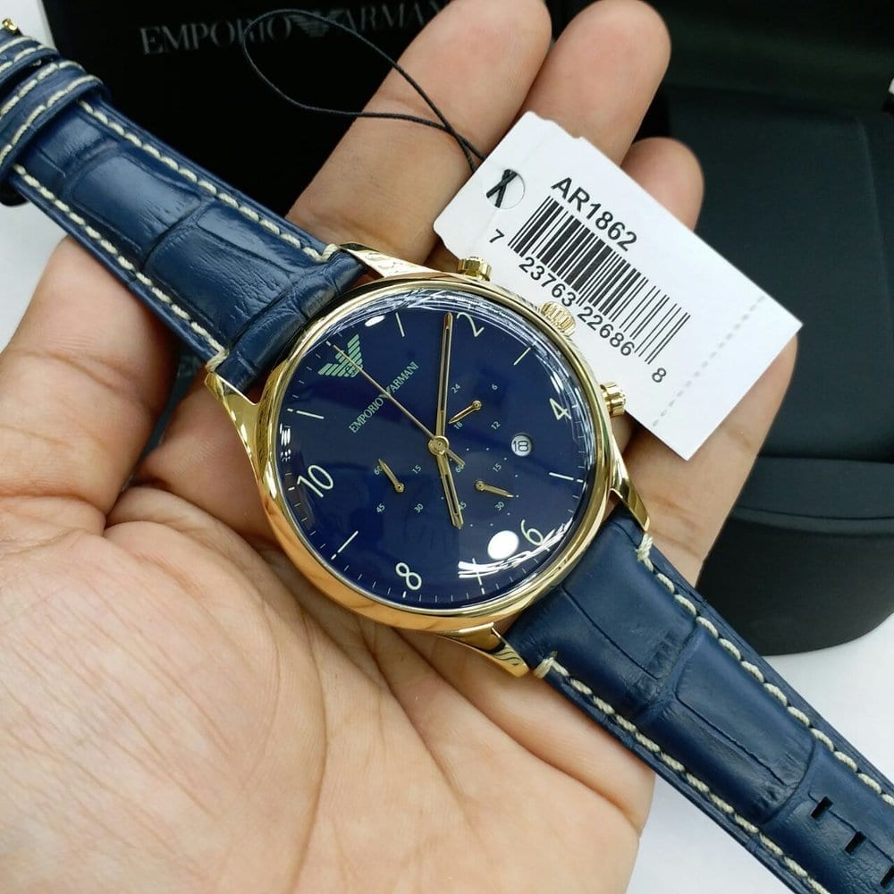 Emporio Armani Chronograph Midnight Blue Dial Blue Leather Strap Watch For Men - AR1862 Authentic Buy Shop Now