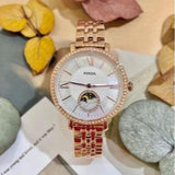 Fossil Jacqueline Analog Moonphase Mother of Pearl White Dial Rose Gold Steel Strap Watch for Women - ES5165 Authentic Buy Shop Now