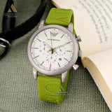 Emporio Armani Chronograph White Dial Green Rubber Strap Watch For Men - AR11022 Authentic Buy Shop Now