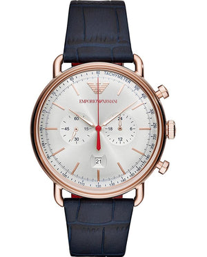 Emporio Armani Aviator Silver Dial Blue Leather Strap Watch For Men - AR11123 Authentic Buy Shop Now