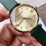 Emporio Armani Retro Champagne Beige Dial Green Leather Strap Watch For Women - AR1726 Authentic Buy Shop Now