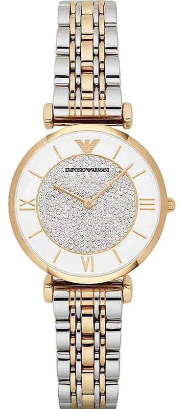 Emporio Armani Gianni T Bar Analog White Dial Two Tone Steel Strap Watch For Women - AR2076 Authentic Buy Shop Now