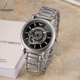 Emporio Armani Meccanico Automatic Skeleton Black Dial Silver Steel Strap Watch For Men - AR60021 Authentic Buy Shop Now