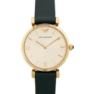 Emporio Armani Retro Champagne Beige Dial Green Leather Strap Watch For Women - AR1726 Authentic Buy Shop Now