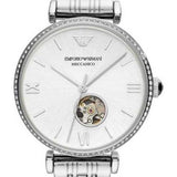 Emporio Armani Gianni T-Bar Automatic Silver Dial Silver Steel Strap Watch For Women - AR60022 Authentic Buy Shop Now