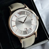 Emporio Armani Classic Quartz Silver Dial Beige Leather Strap Watch For Men - AR2464 Authentic Buy Shop Now