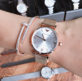 Emporio Armani Gianni T Bar Silver Dial Rose Gold Mesh Bracelet Watch For Women - AR1956 Authentic Buy Shop Now