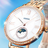 Fossil Jacqueline Analog Moonphase Mother of Pearl White Dial Rose Gold Steel Strap Watch for Women - ES5165 Authentic Buy Shop Now
