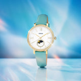 Fossil Jacqueline Analog Moonphase Mother of Pearl White Dial Green Leather Strap Watch for Women - ES5168 Authentic Buy Shop Now