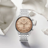 Emporio Armani Aviator Chronograph Beige Dial Silver Steel Strap Watch For Men - AR11239 Authentic Buy Shop Now